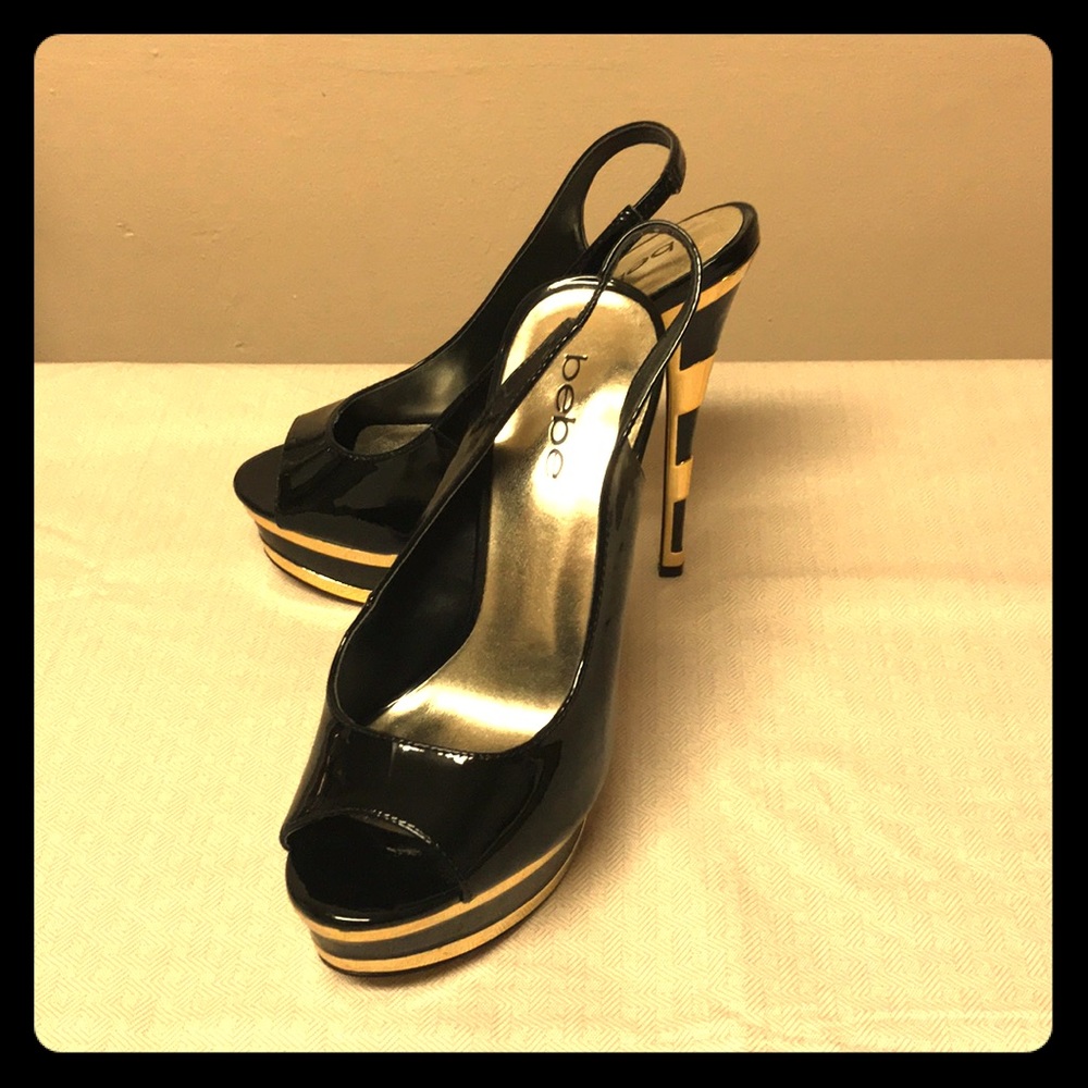 Bebe Black & Gold Slingback Heels👠